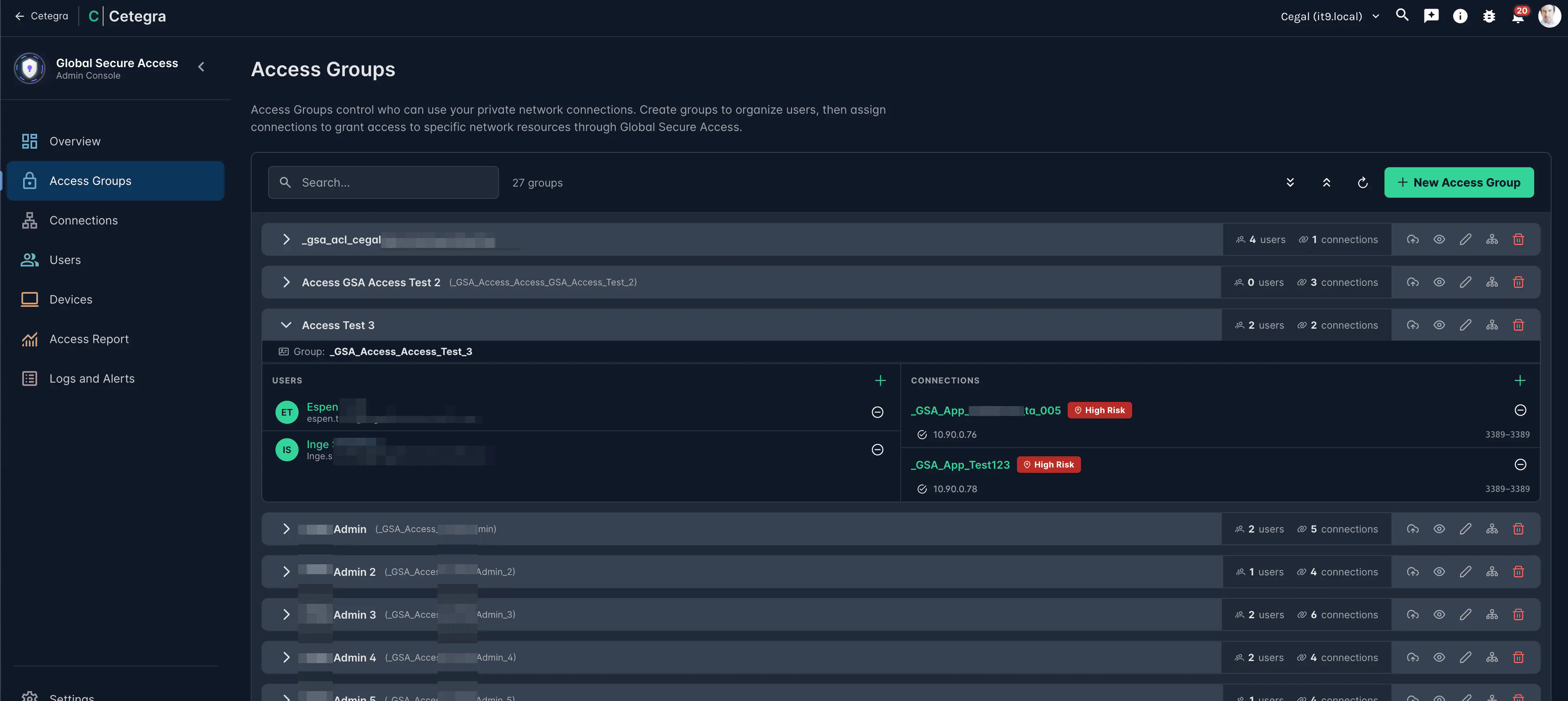 Access Groups list showing groups with user count and assigned connections