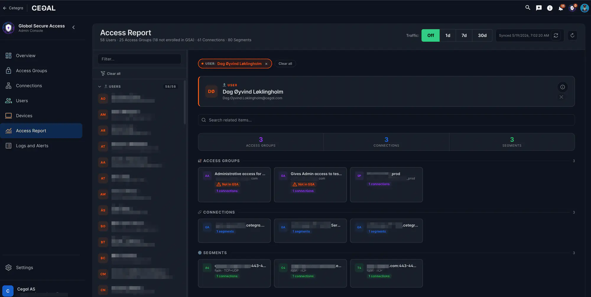 Access Report with a user selected, showing their access groups, connections, and network segments