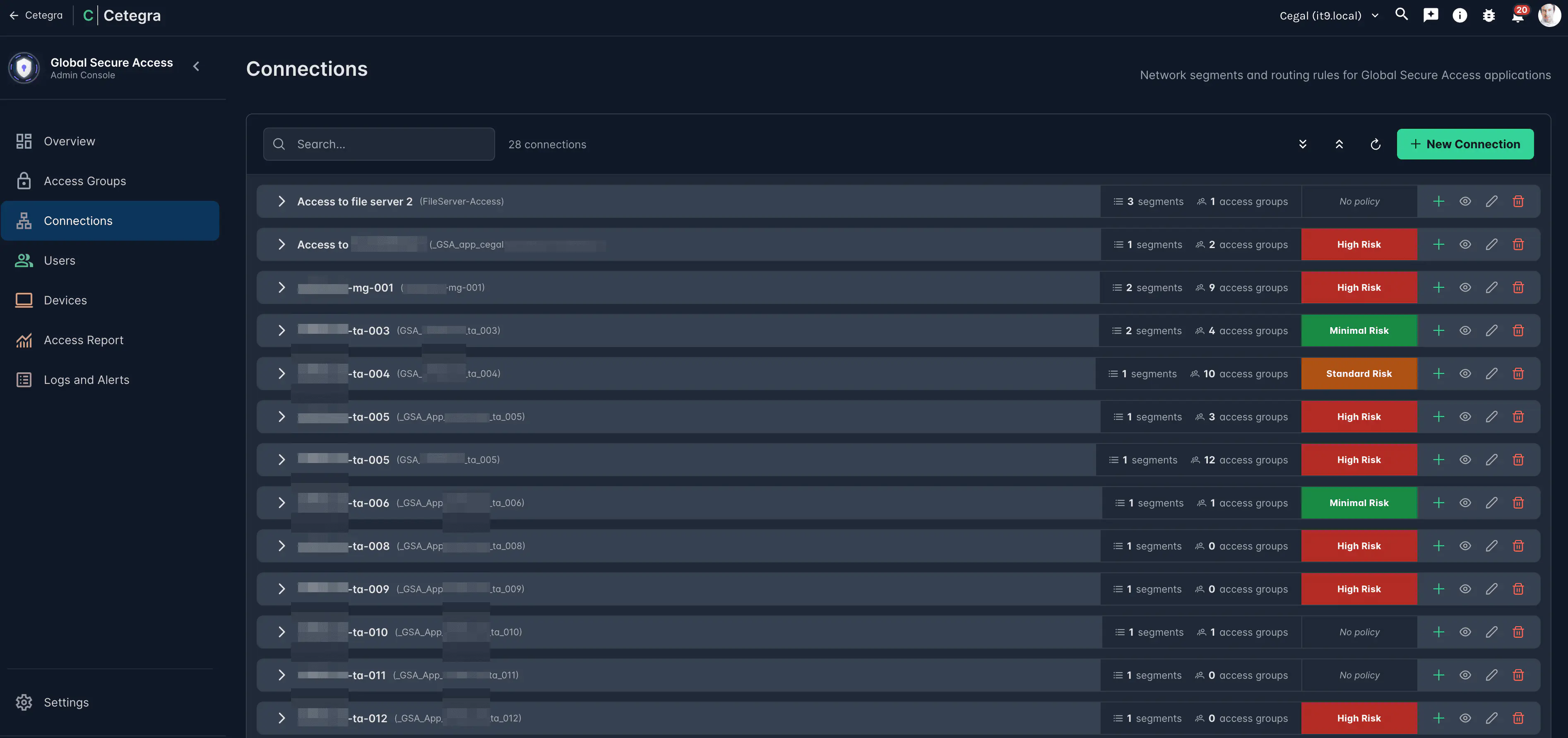 Connections list showing applications with segment count, access groups, and conditional access policy