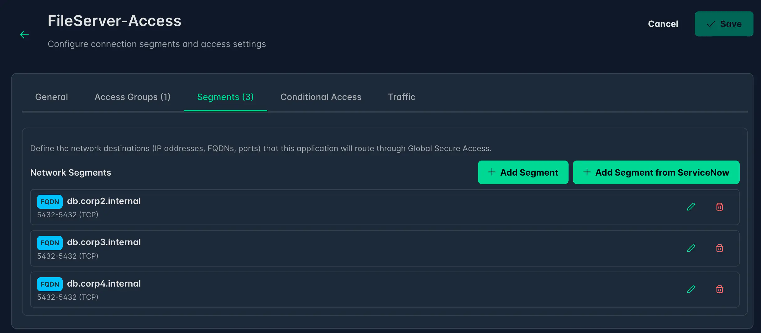 Segments tab showing network segments defined for a connection