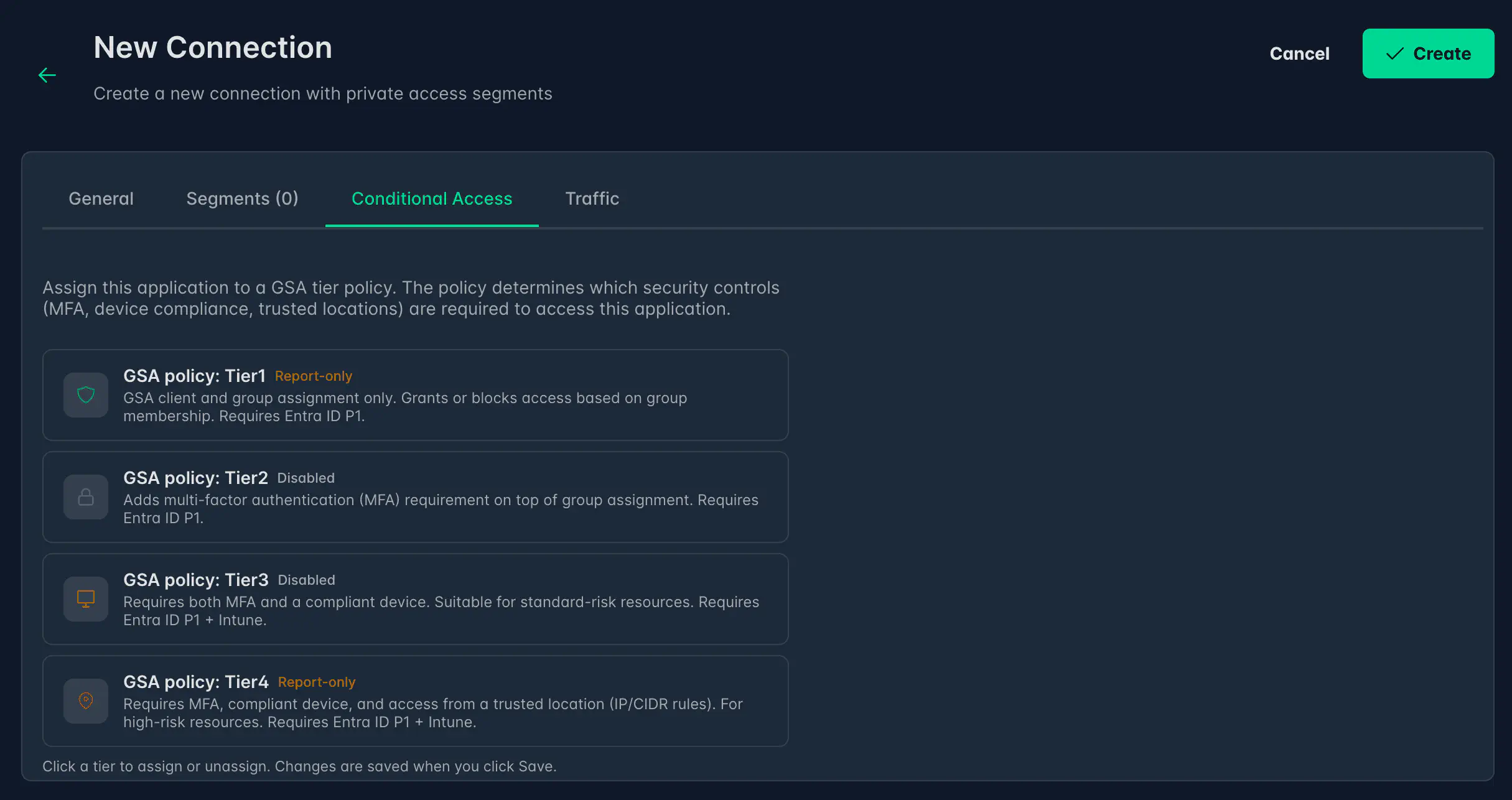 Conditional Access tab showing the four GSA tier policies