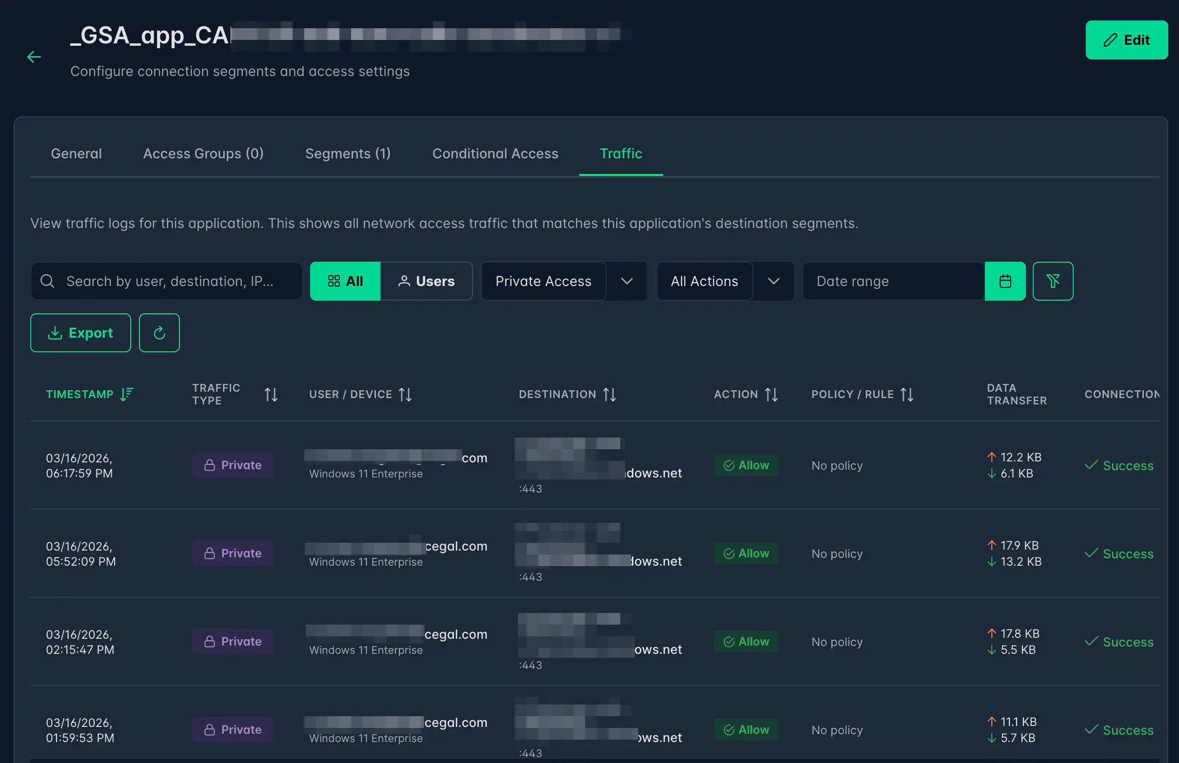 Traffic tab showing per-connection network access logs