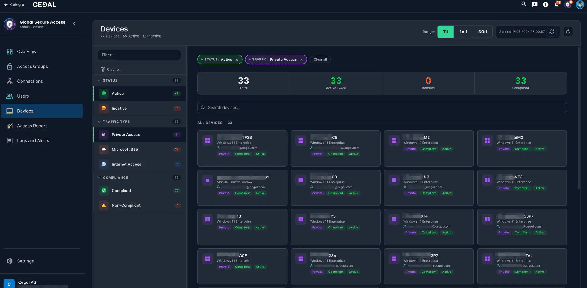Devices page showing summary metrics, filter panel, and device cards