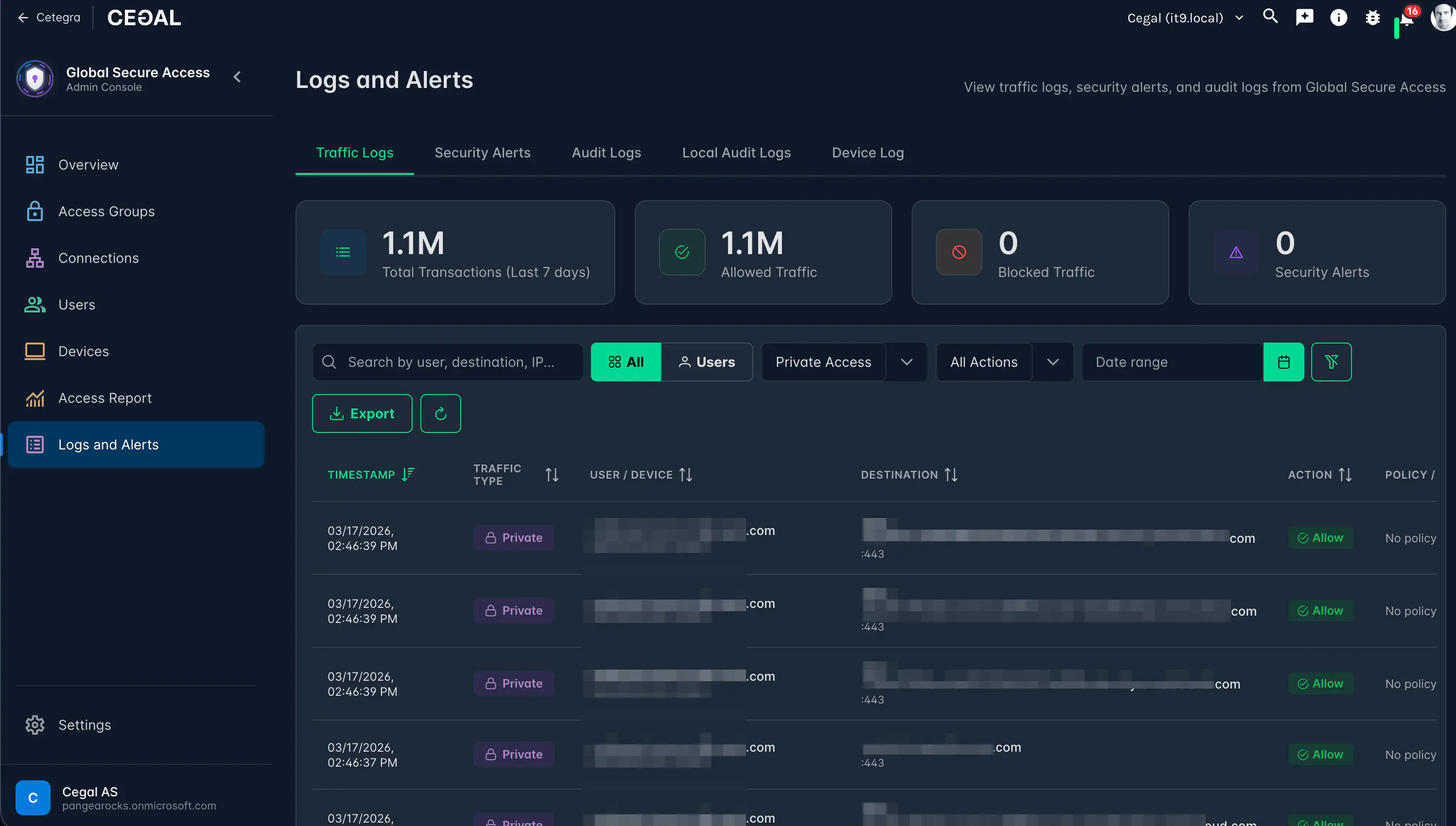 Traffic logs showing connection attempts with user, destination, and outcome