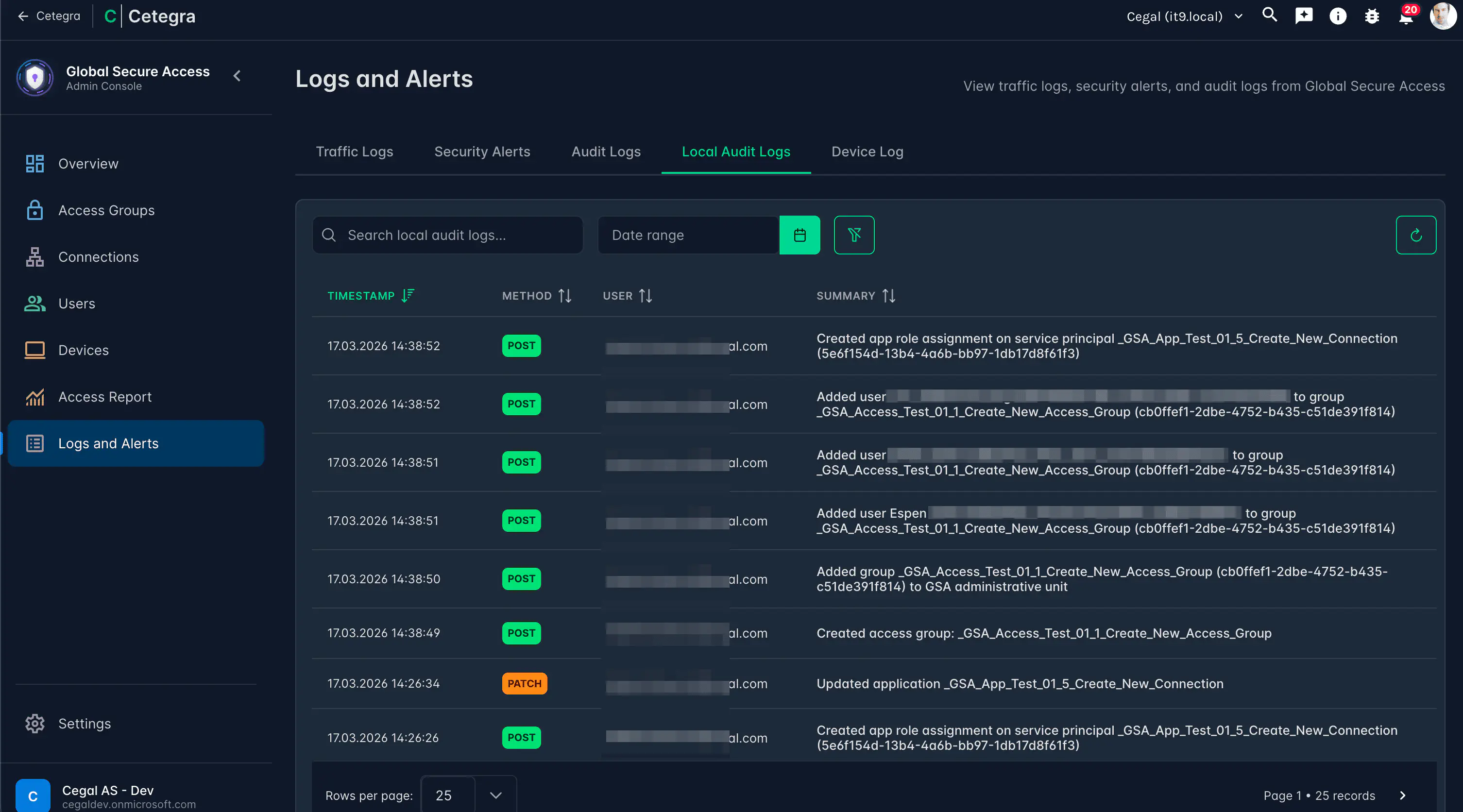 Local Audit tab showing console mutation entries