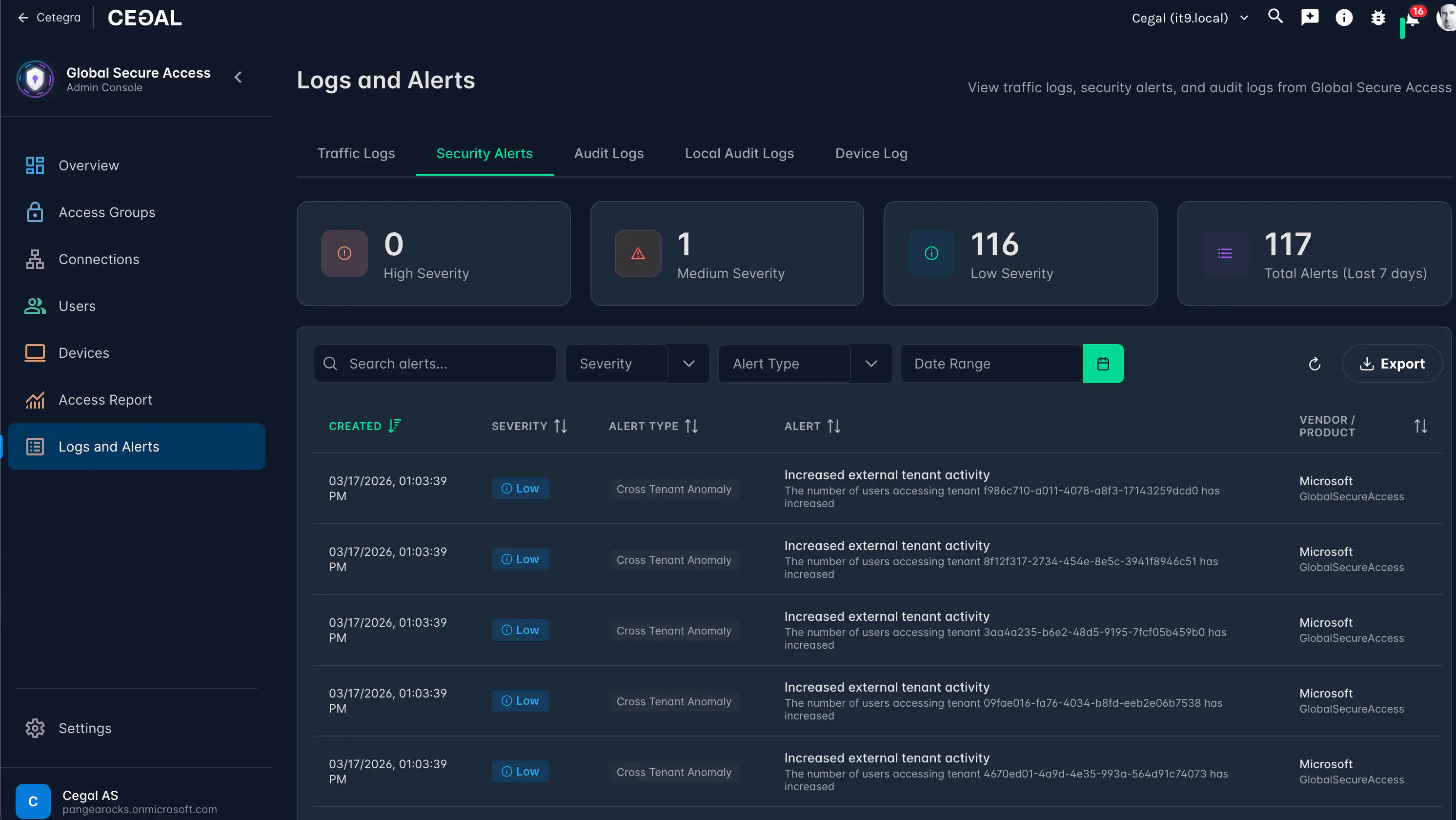 Security Alerts tab showing alerts with severity badges