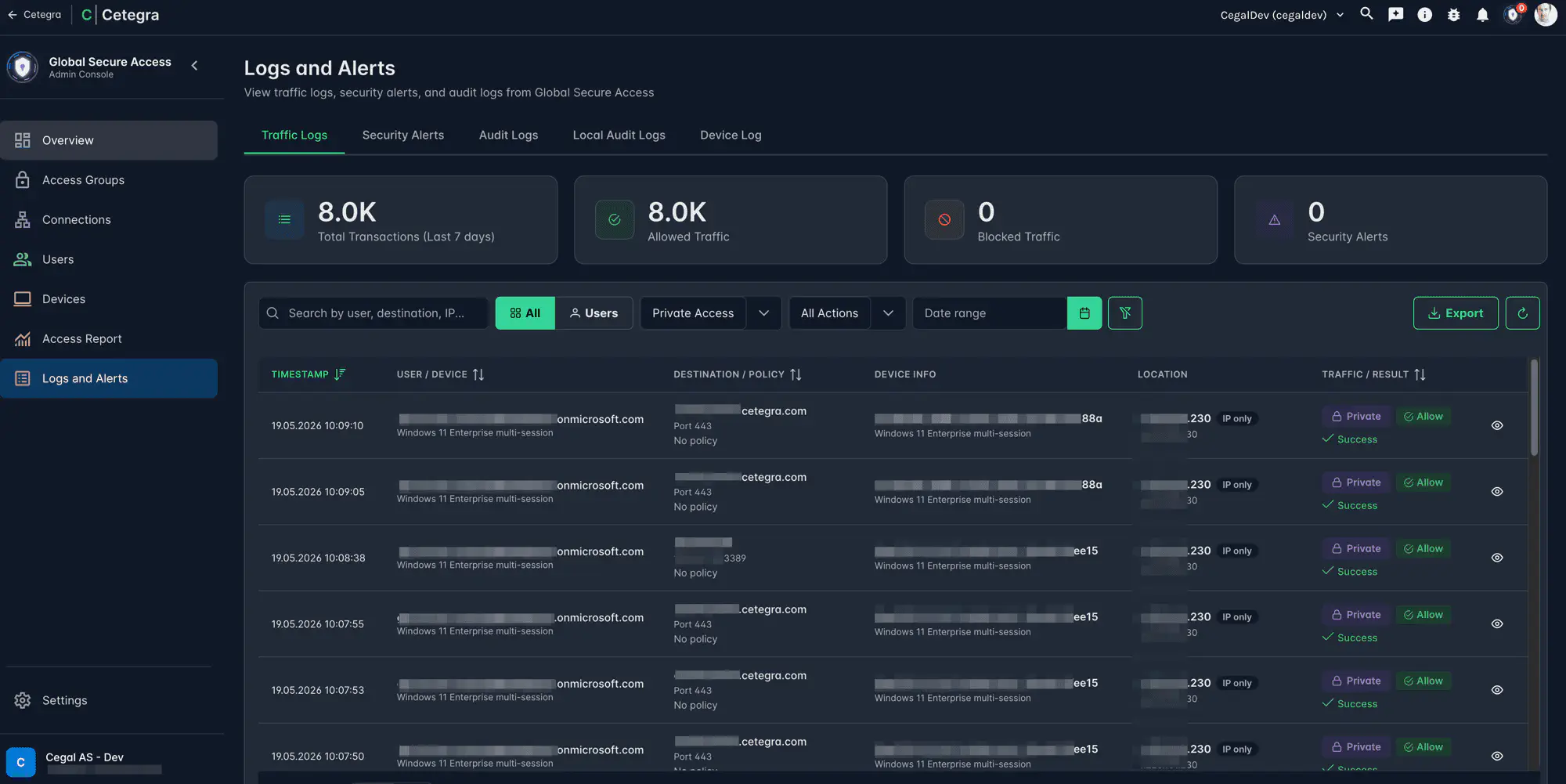 Logs and Alerts page showing the Traffic Log tab with summary metrics and traffic entries