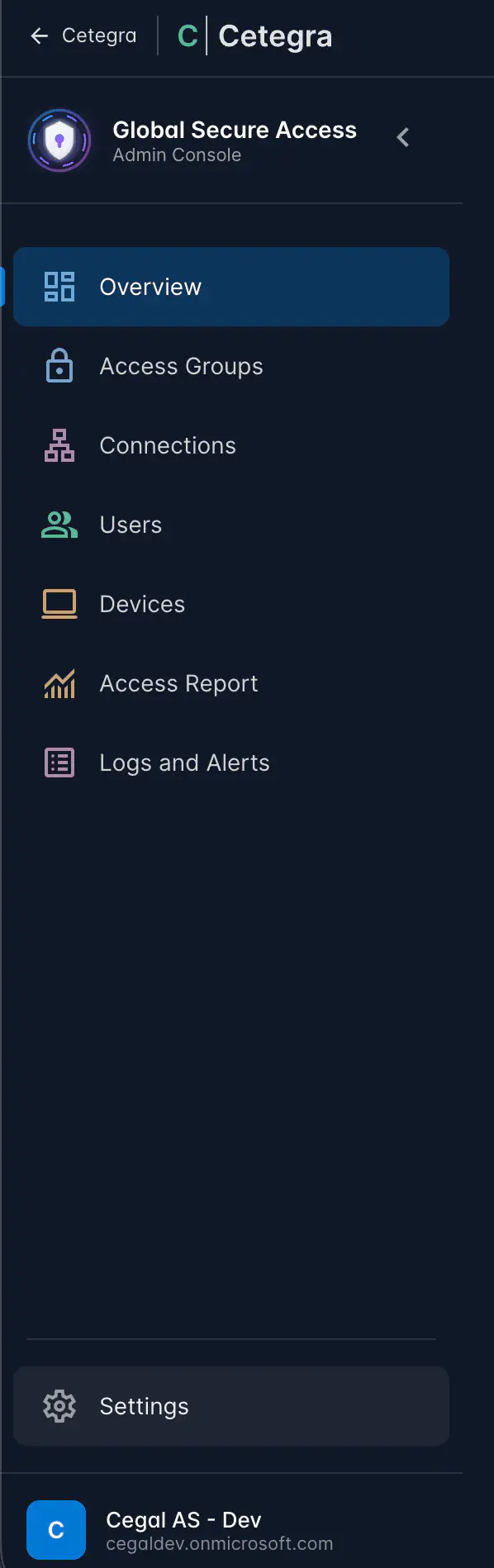 Sidebar navigation showing all sections