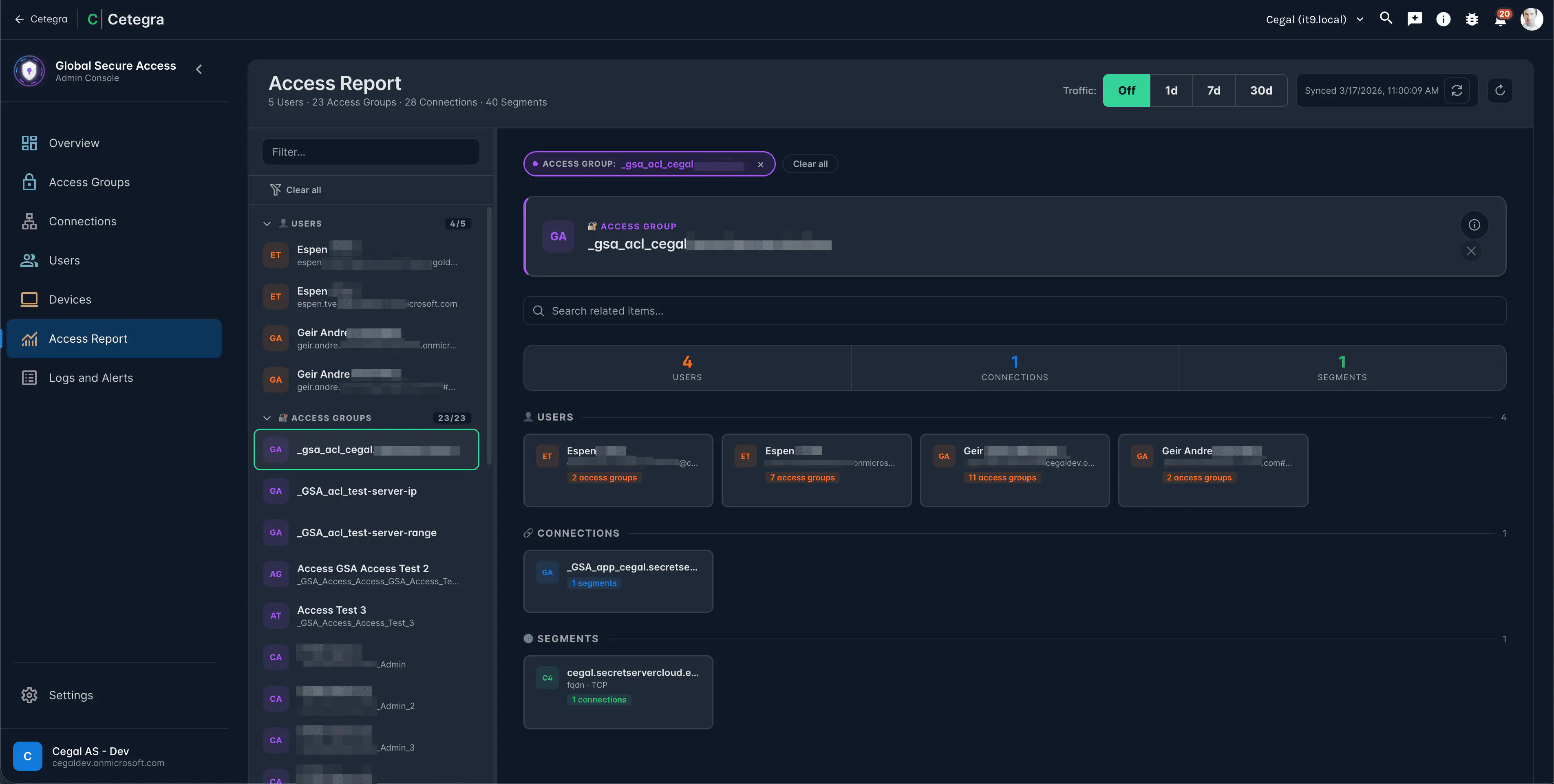 Access Report showing the user to group to application to segment chain
