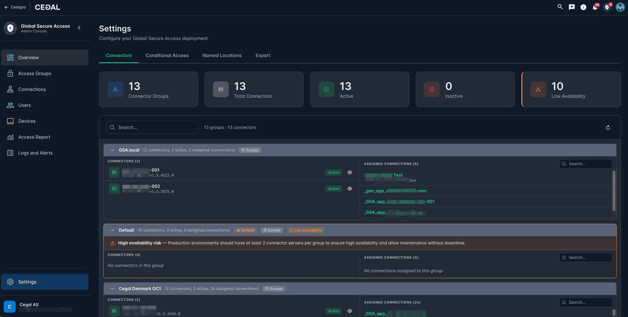 Settings Connectors tab showing summary metrics and connector groups with status