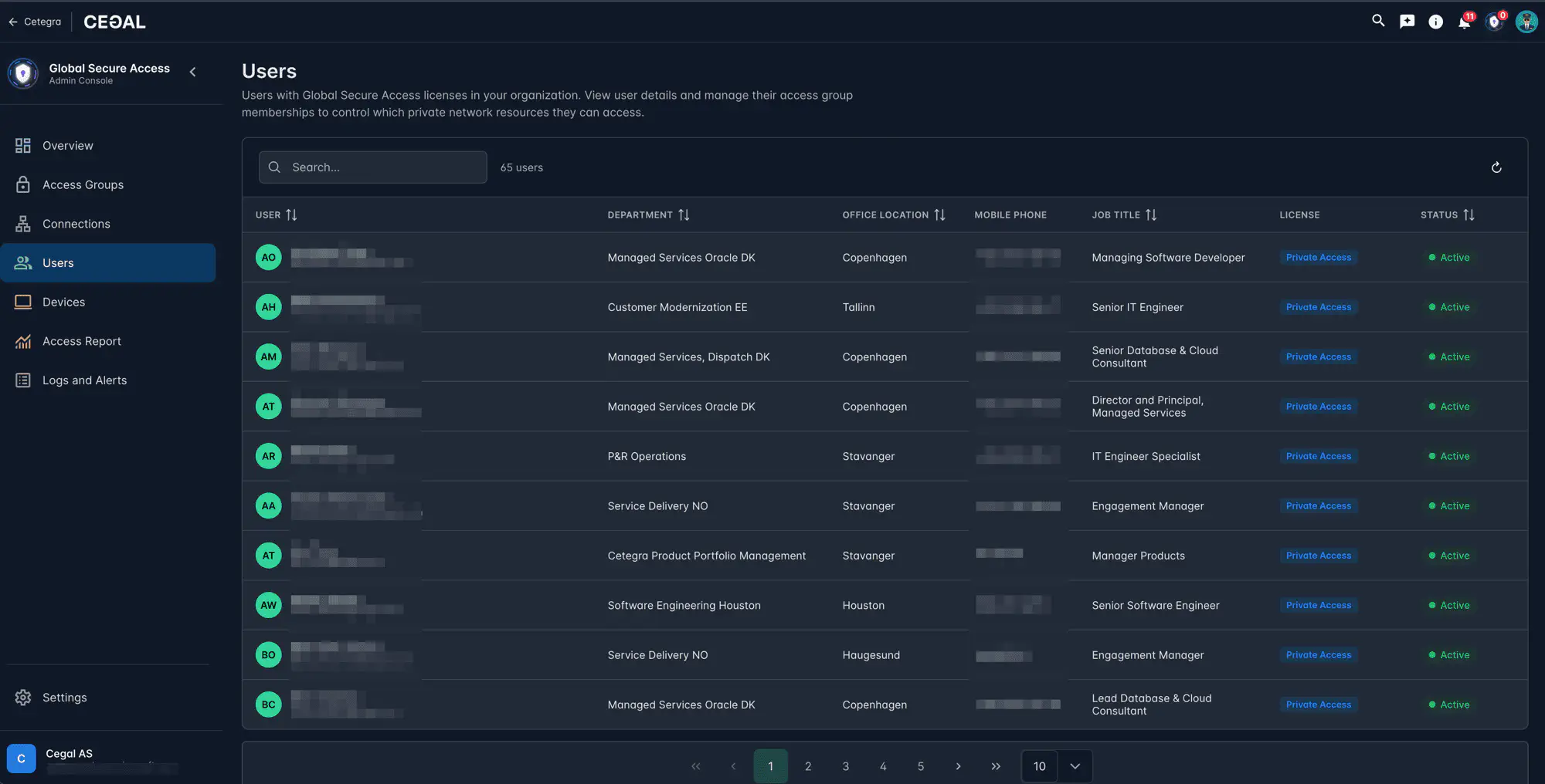Users list showing GSA-licensed users with department, job title, and account status columns