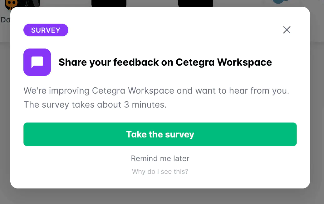 Example of an announcement popup showing a survey in Cetegra Workspace