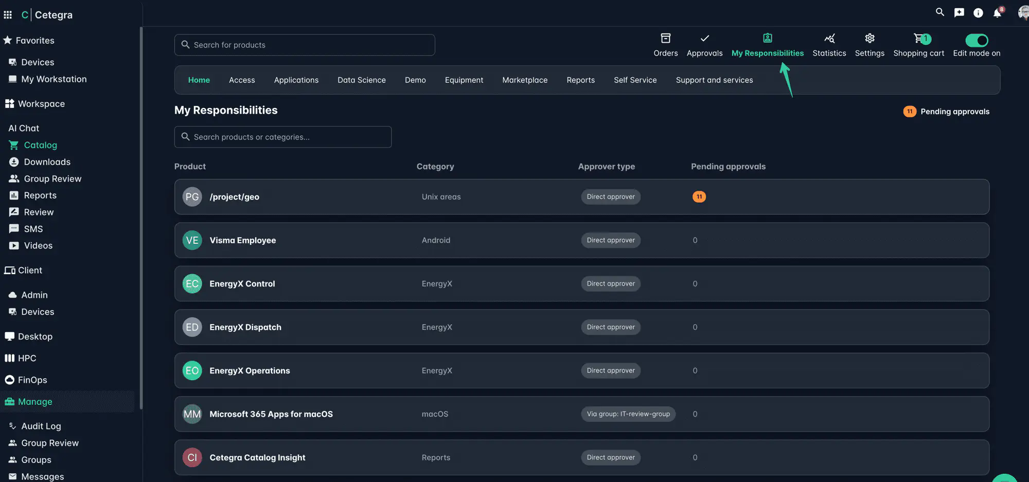 My Responsibilities overview showing a list of products the user is responsible for approving