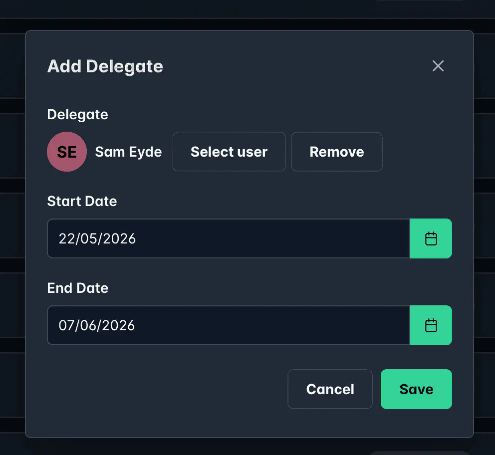 Add Delegate dialog showing user selection and date range fields