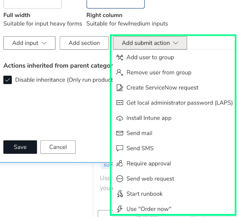 Screenshot: Submit actions configuration list