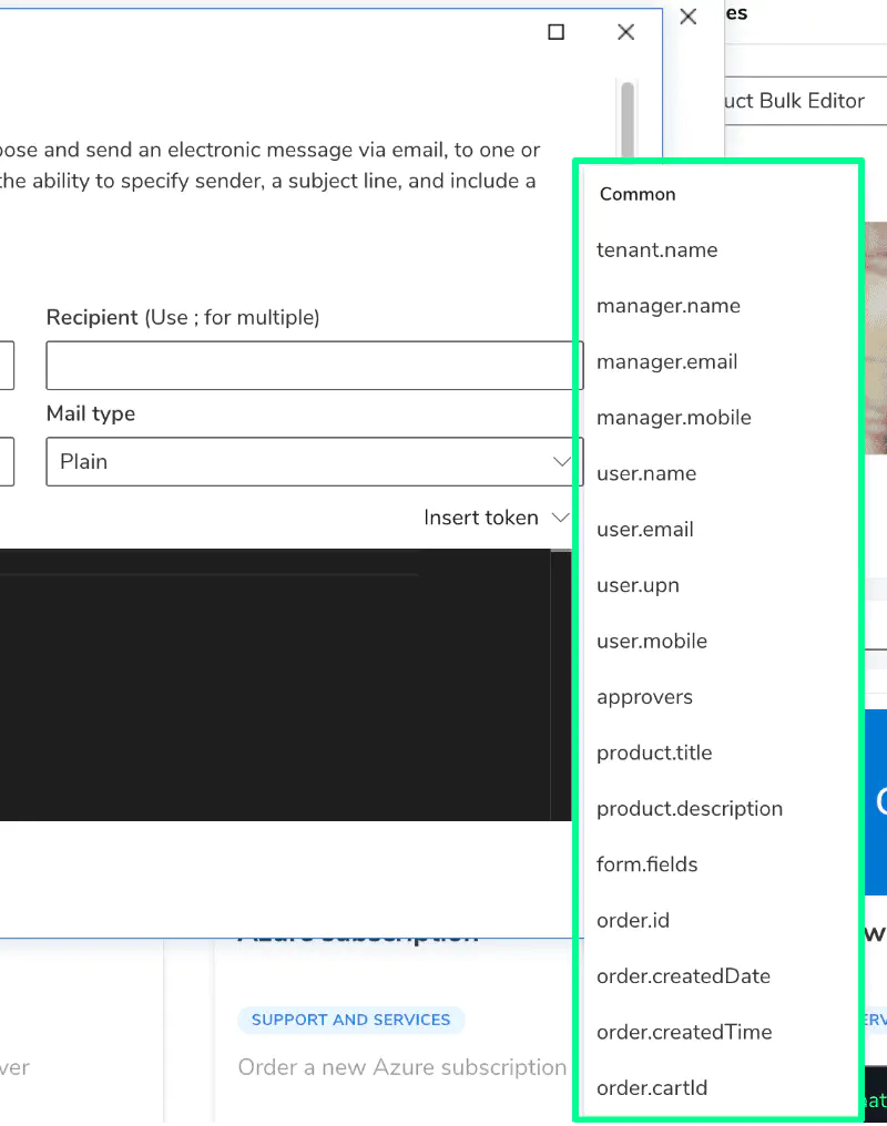 Screenshot: Default token list in email action
