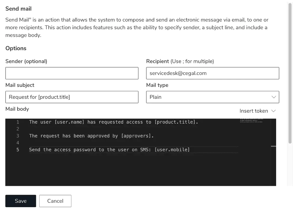 Screenshot: Using tokens inside email action configuration