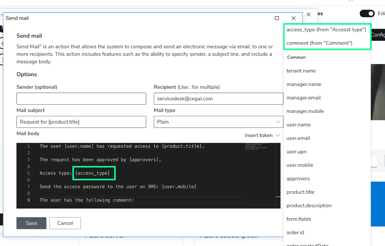 Screenshot: Custom token list showing named form fields