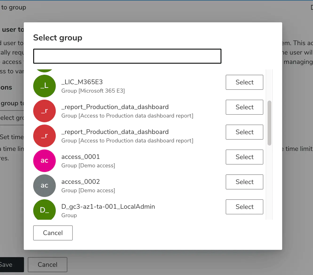 Screenshot: Group selection and time limit settings
