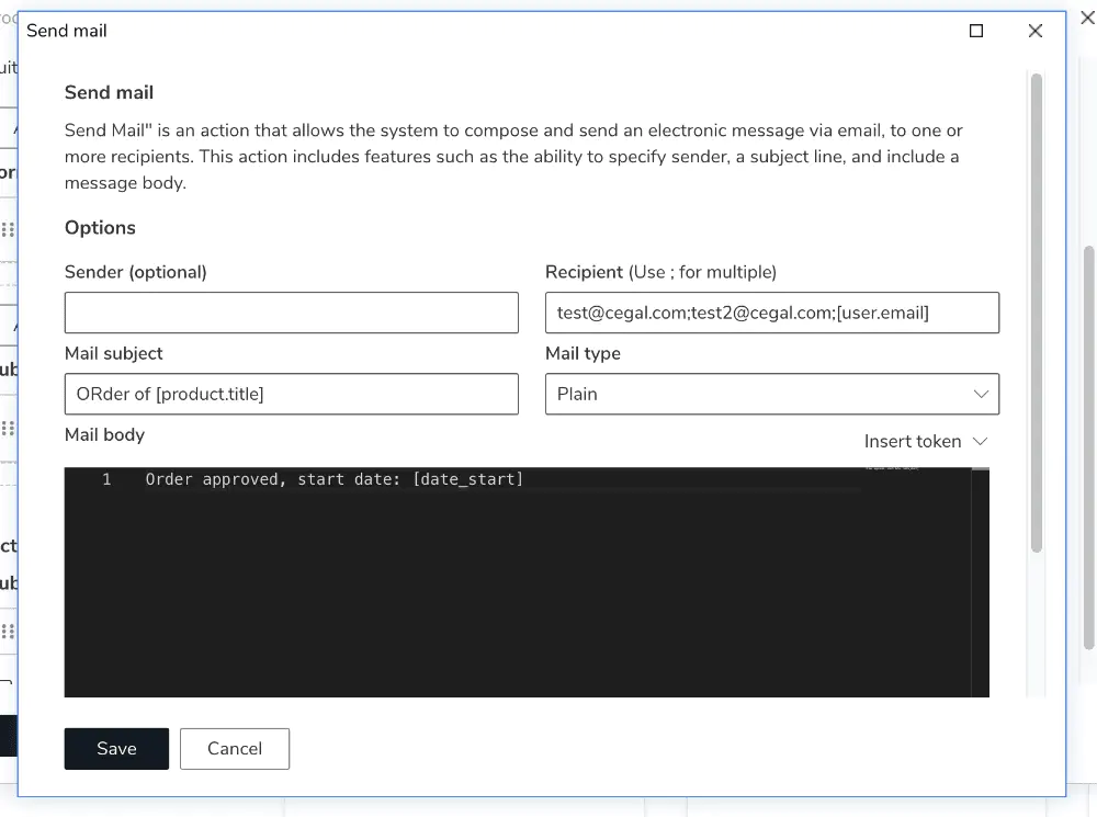Screenshot: Send mail action configuration
