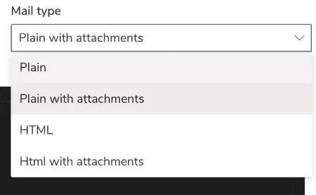 Screenshot: Mail type selection including attachments