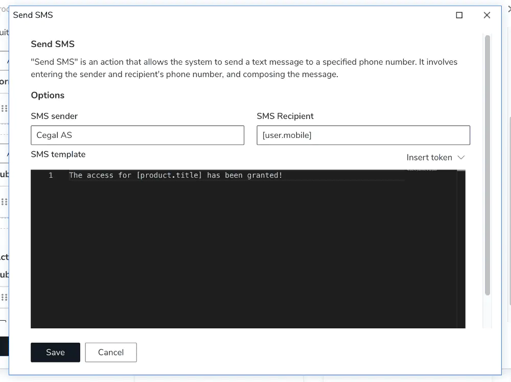 Screenshot: SMS action configuration