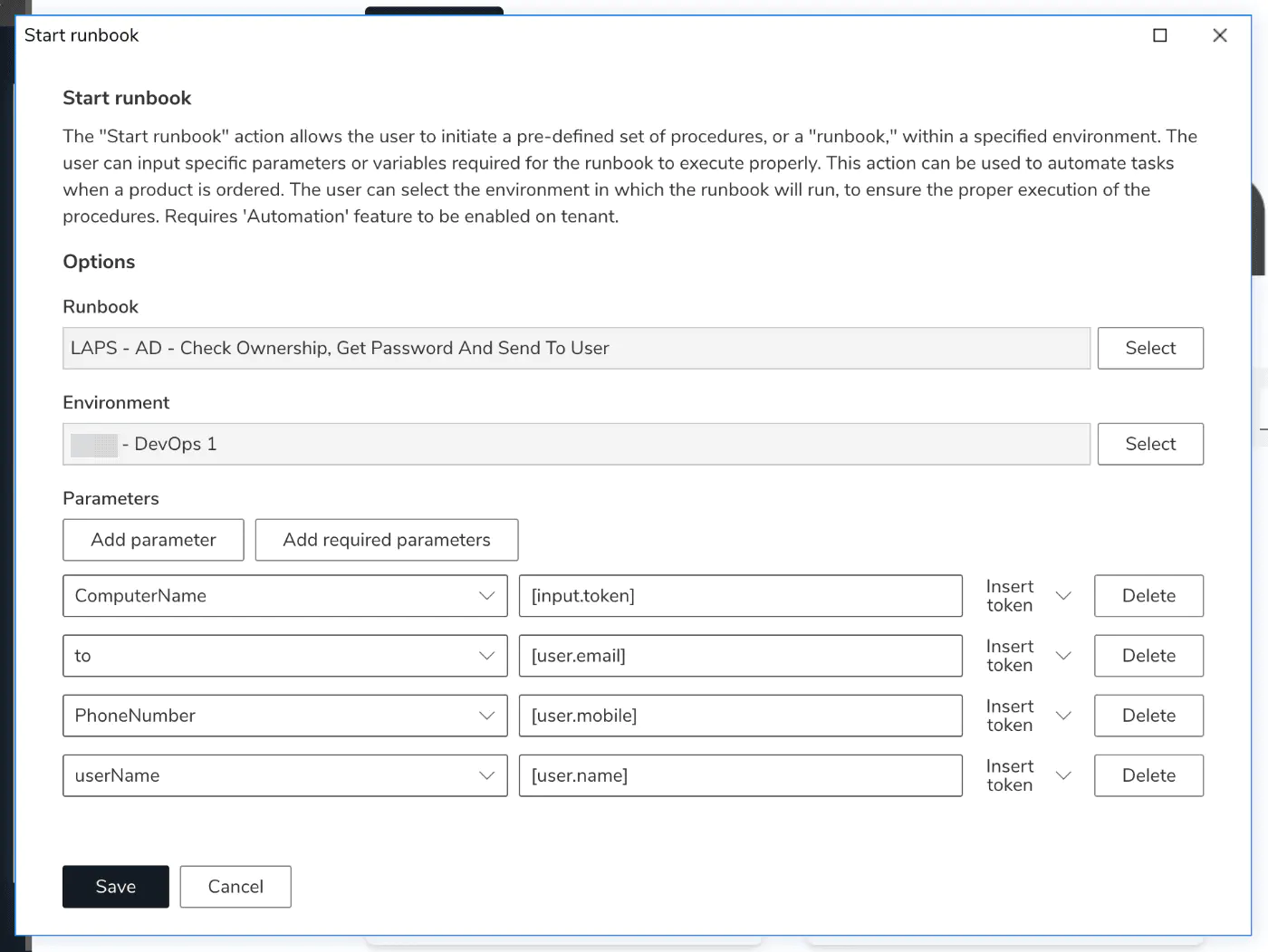 Screenshot: Runbook action configuration