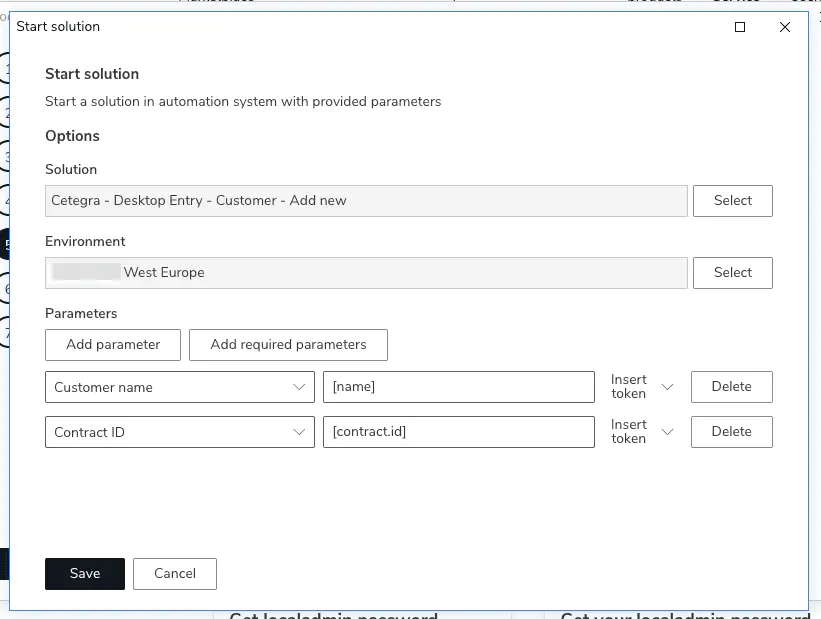 Screenshot: Solution action configuration