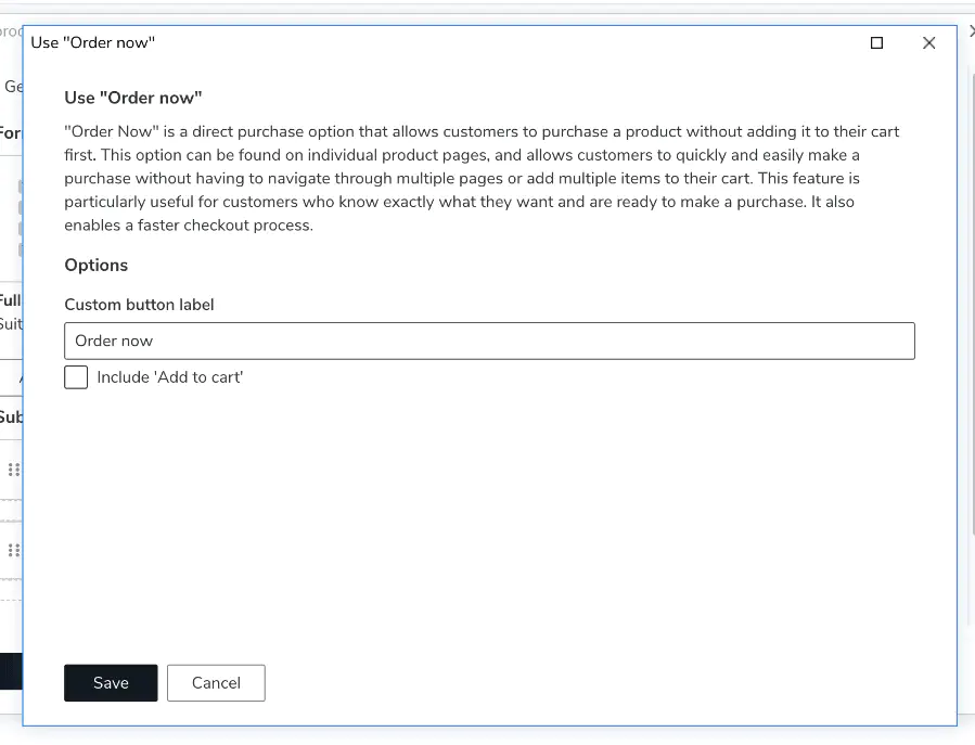 Screenshot: Order now configuration