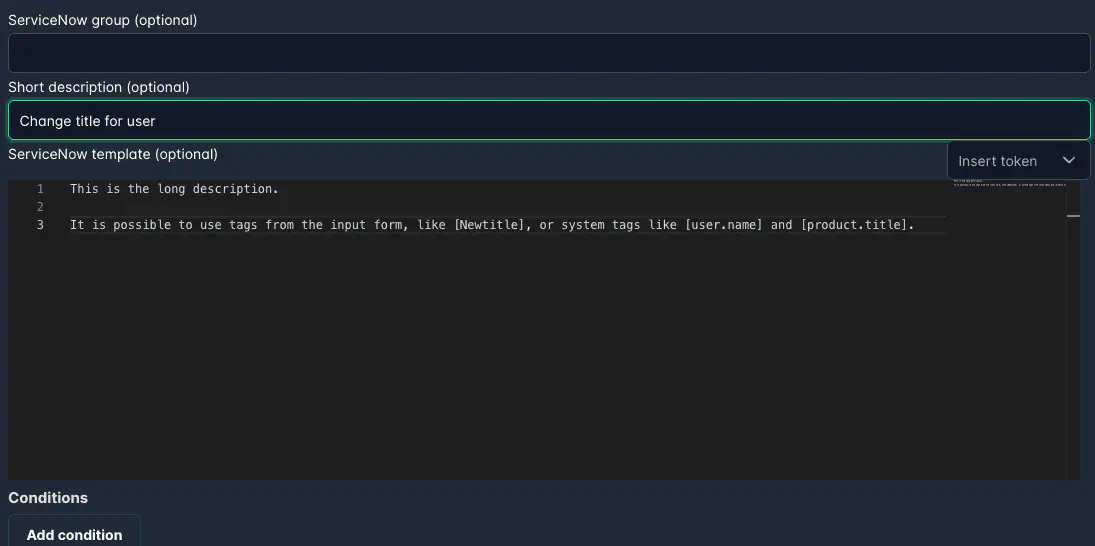 Screenshot: ServiceNow request action configuration