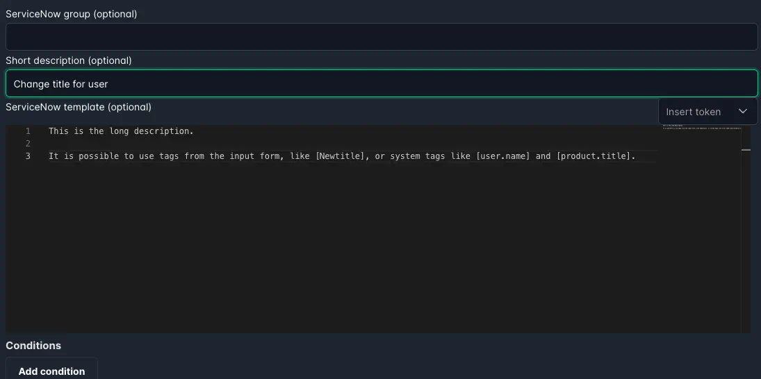 Screenshot: ServiceNow request action configuration