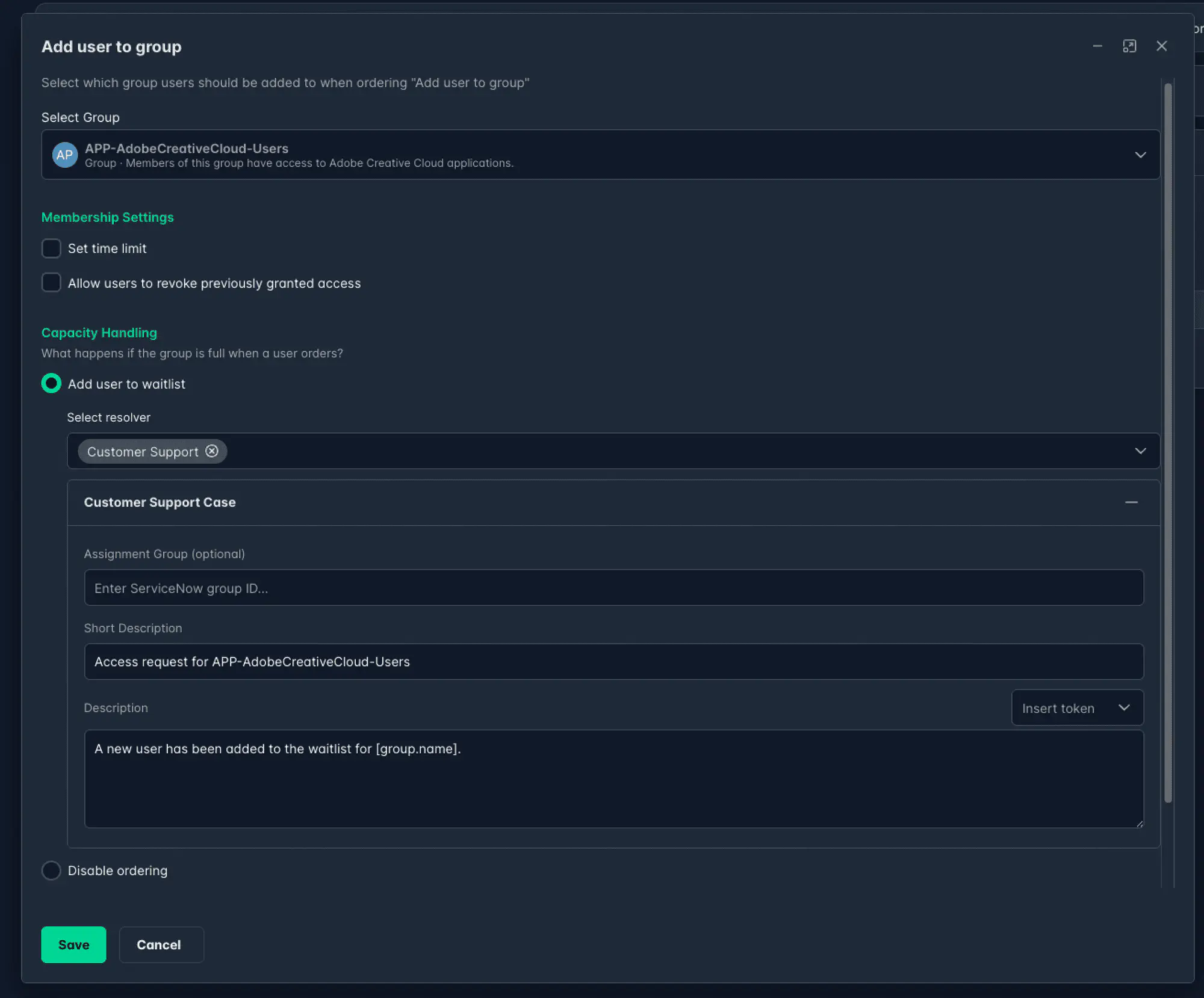 Add user to group action showing Capacity Handling options and Customer Support resolver configuration