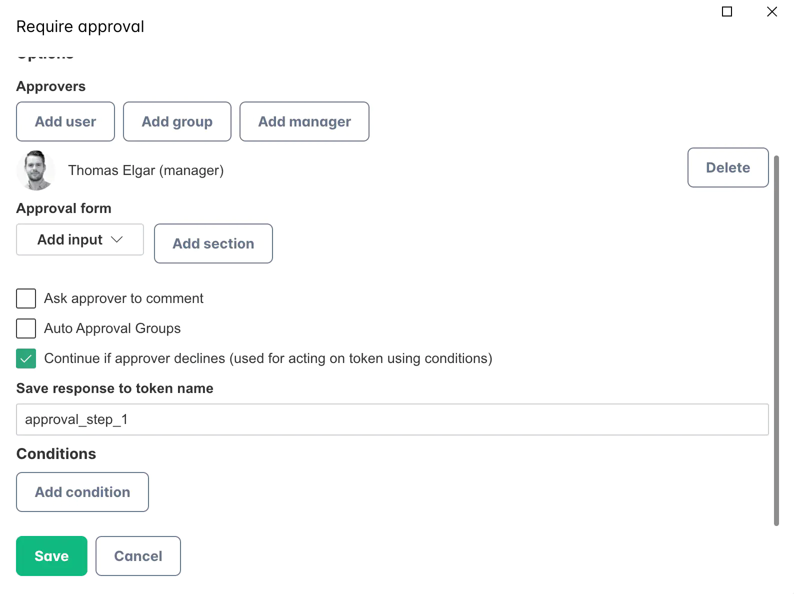 Screenshot: Decline condition setup using token