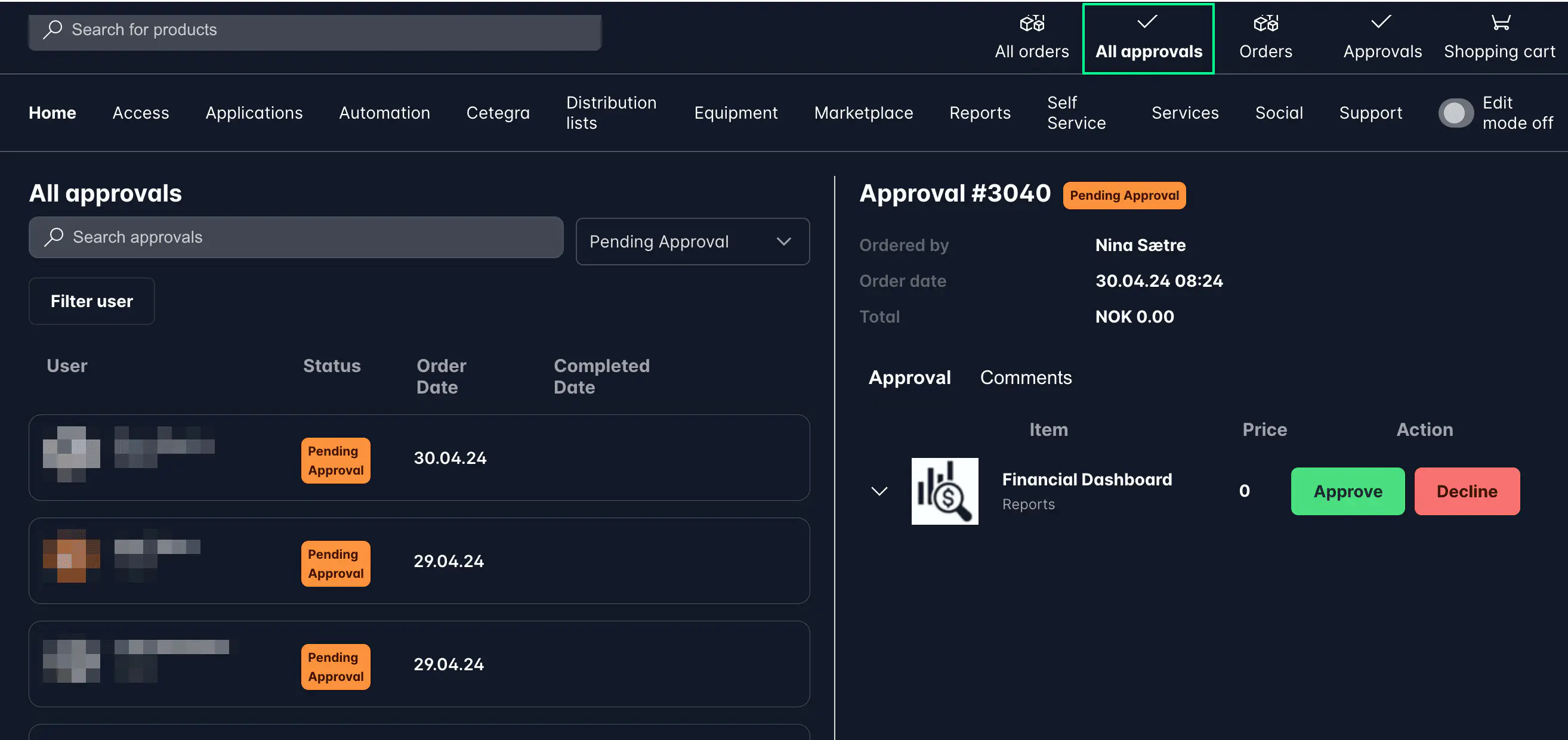 Screenshot: Manager overriding approval on All Approvals page