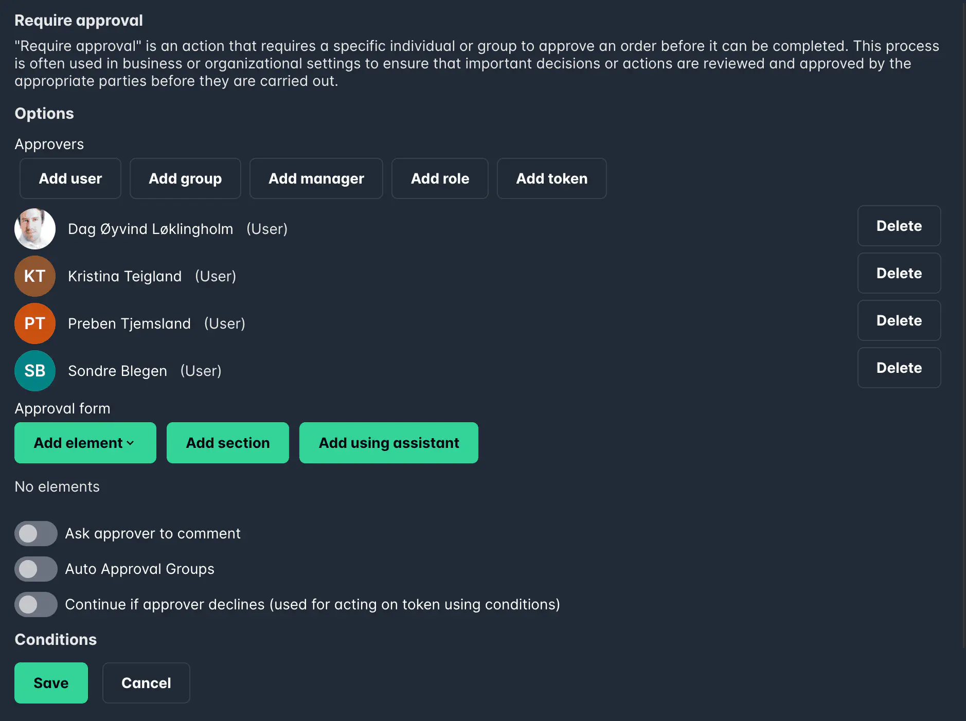 Screenshot: Approval step configuration with multiple approvers