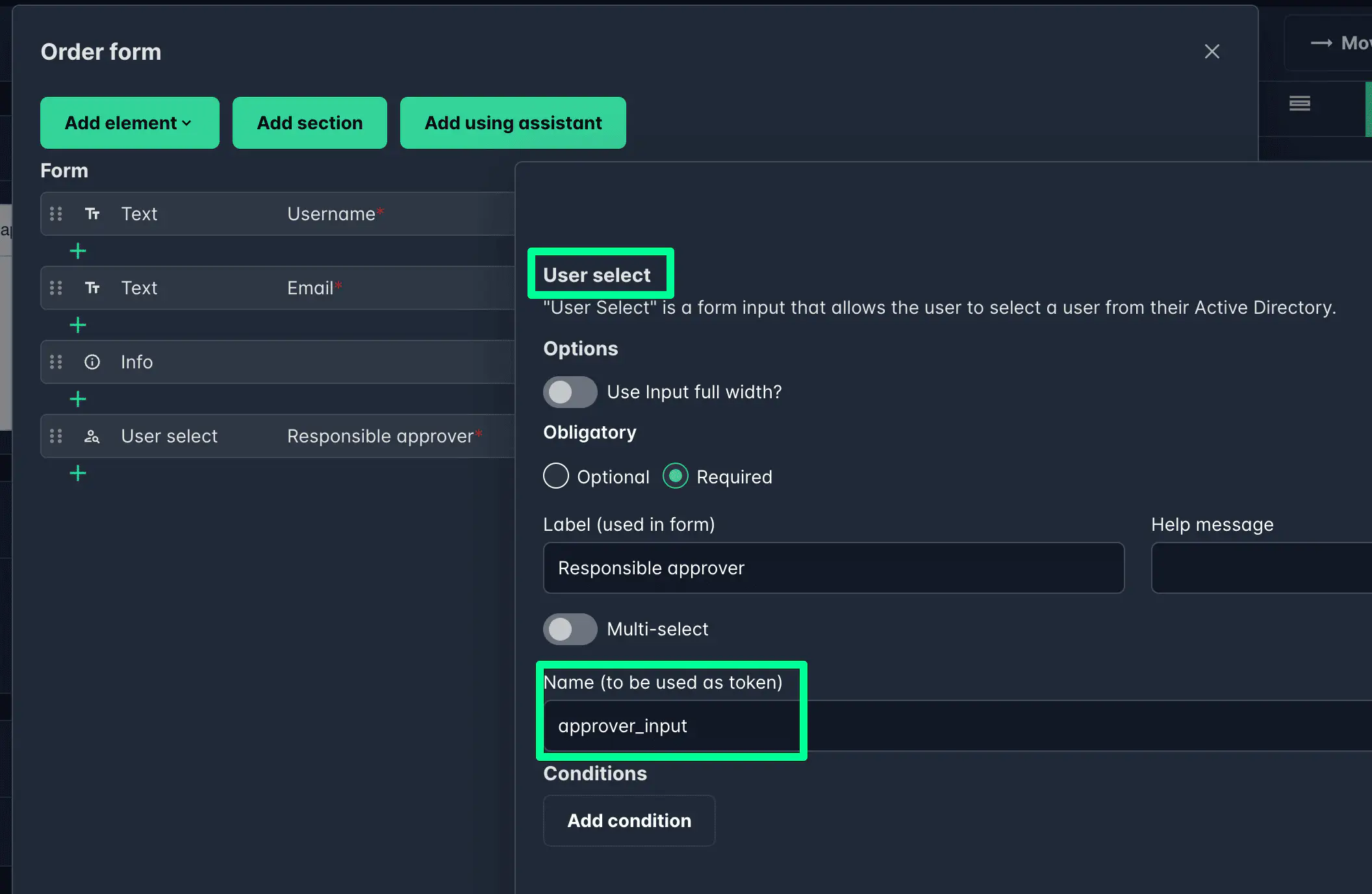 Screenshot: Approval step using dynamic token-based user selection