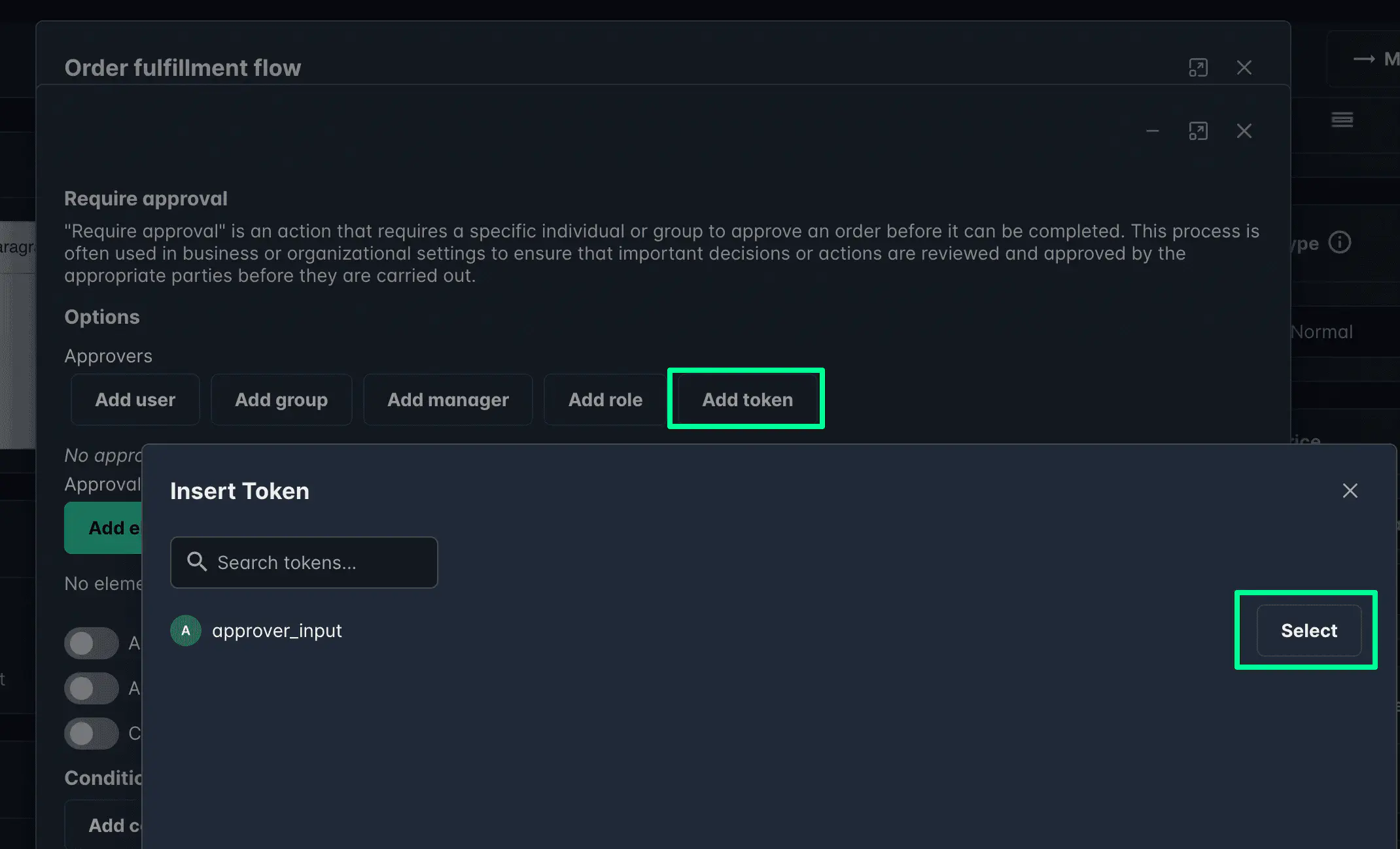 Screenshot: Setting token name for dynamic approver selection