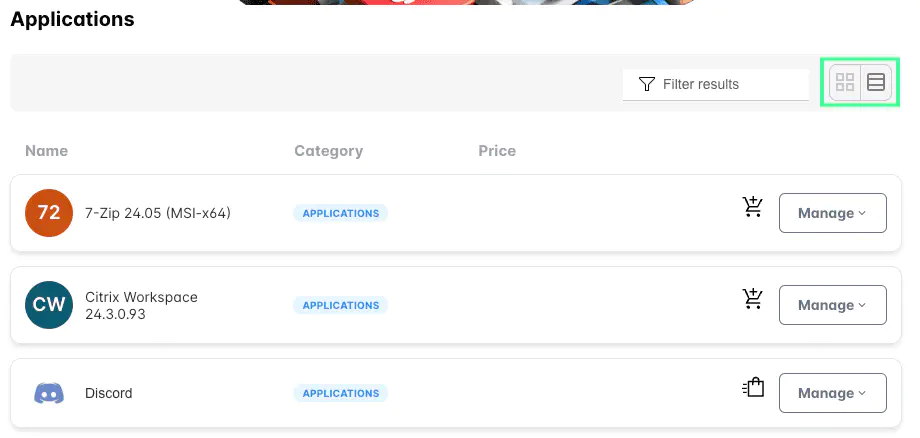 Screenshot: Category view with compact layout enabled
