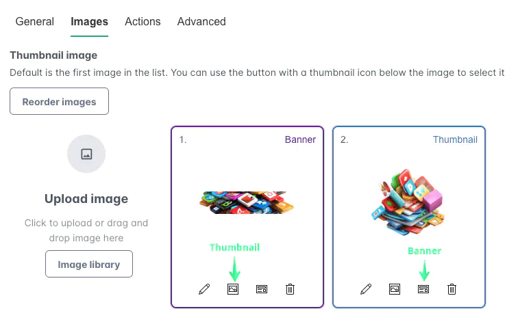 Screenshot: Category image management with thumbnail and banner selection