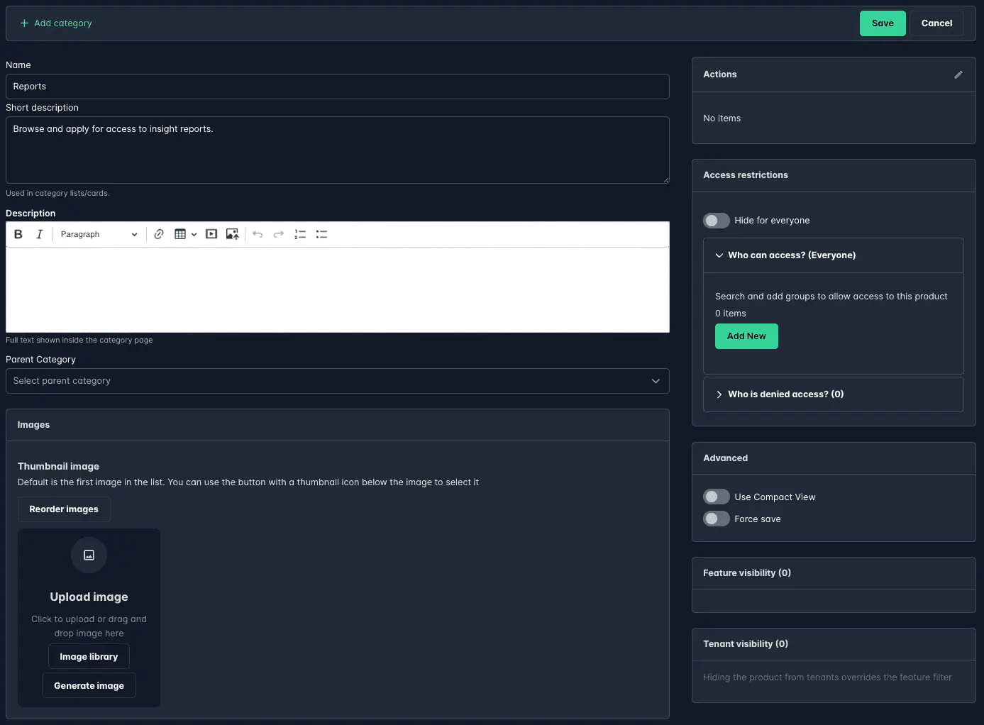 Screenshot: Category creation form with title and description fields