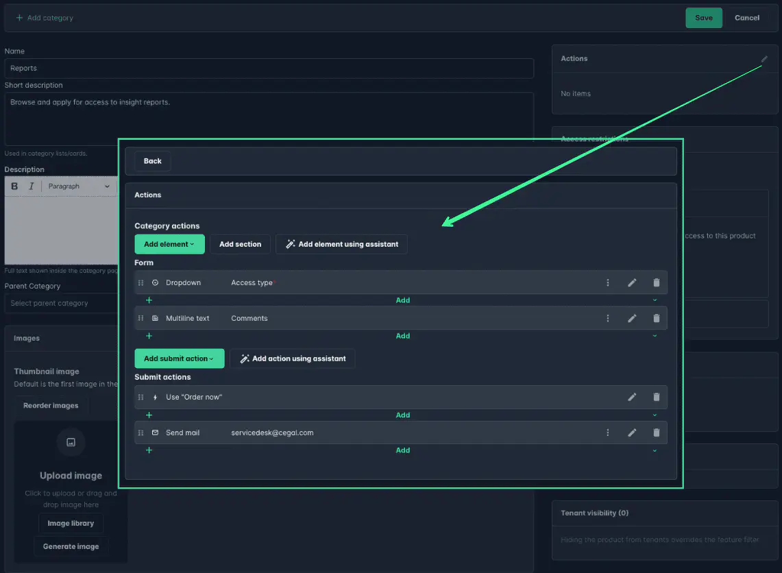 Screenshot: Category-level actions and form configuration