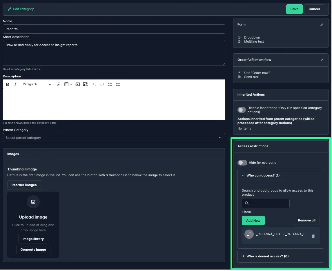 Screenshot: Category access restriction settings