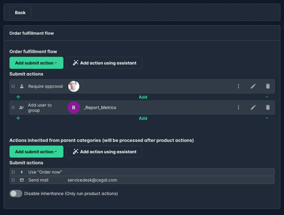 Screenshot: Product configuration showing inherited category actions