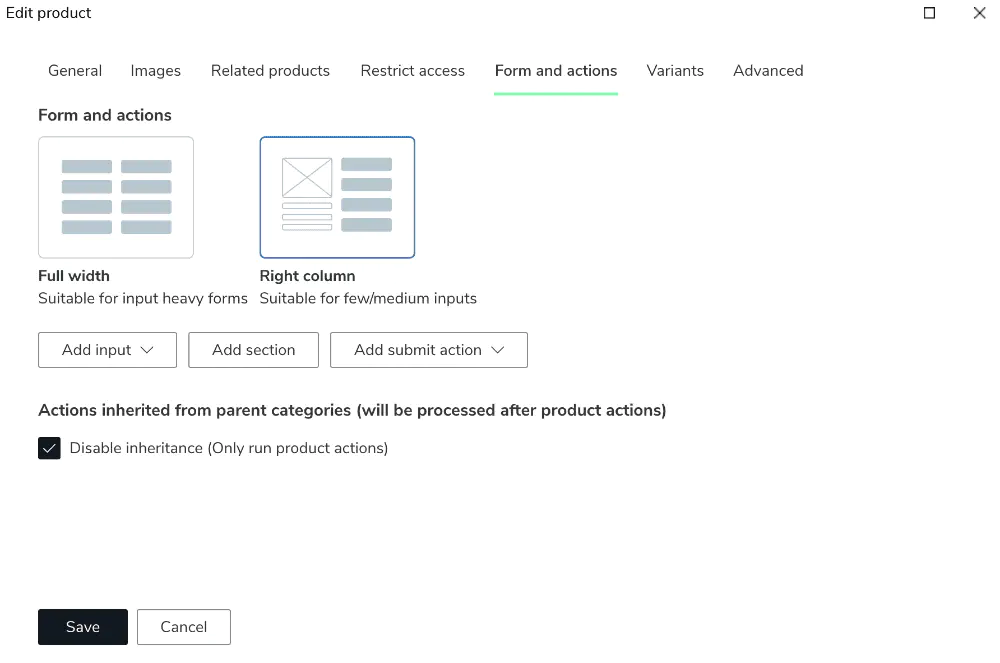 Screenshot: Forms and Actions configuration tab