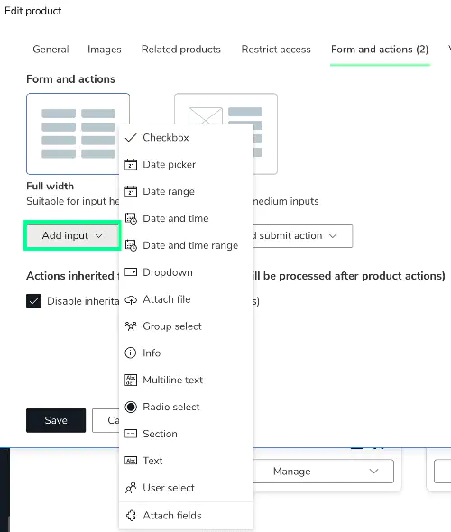Screenshot: Input field configuration options