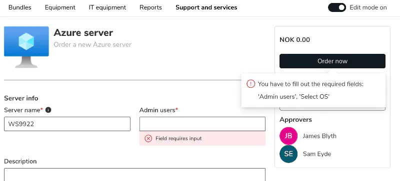 Screenshot: Validation warning for missing required fields