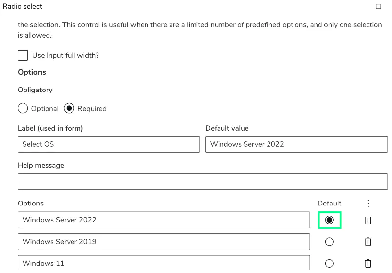Screenshot: Setting default value for dropdown option