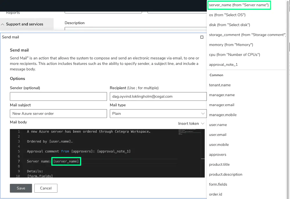 Screenshot: Using input token in email action