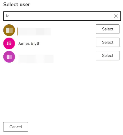 Screenshot: User selected and shown in field