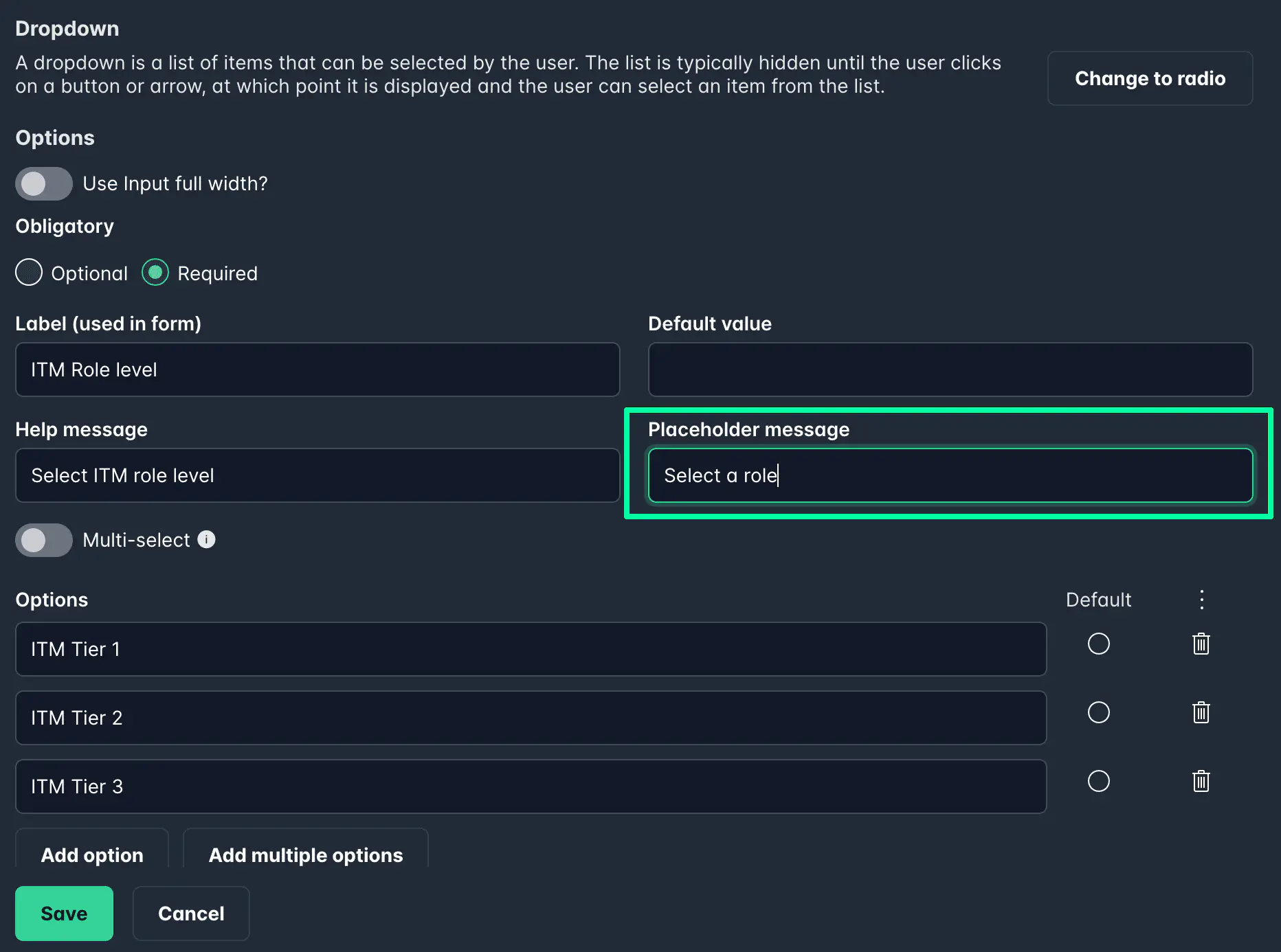 Screenshot: Custom dropdown placeholder setting